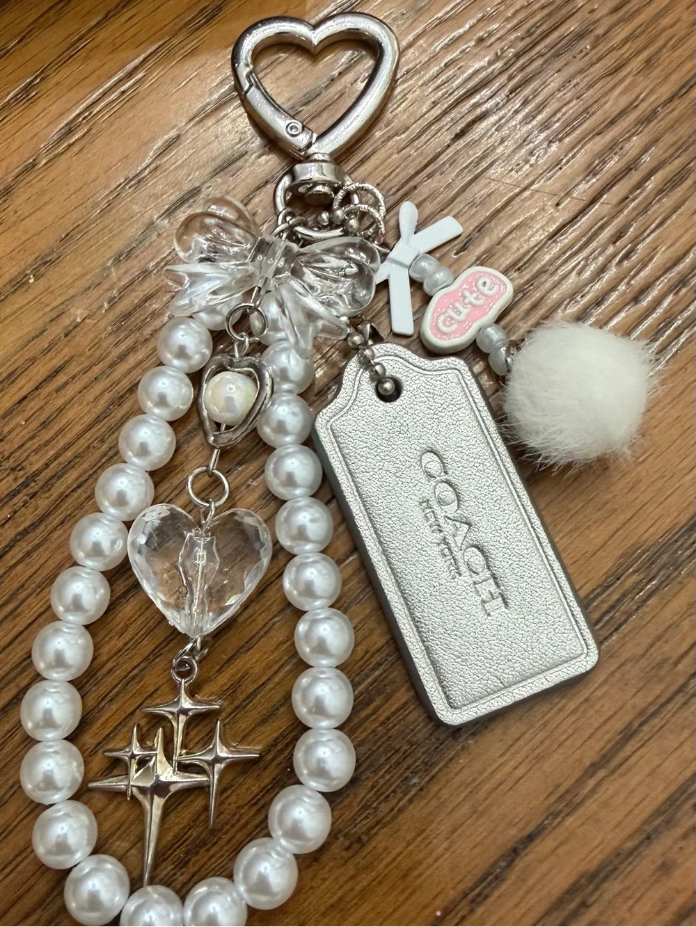 COACH Silver Hang Tag & White Pearl Charm Keychain with Heart, Bows and Pom